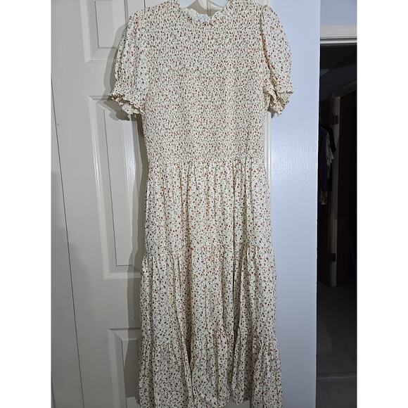 Cottagecore Peasant Maxi Dress LG Floral Smock Ruffle Tier Puff Sleeve Pockets - Picture 3 of 8